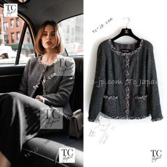 美品　CHANEL シャネル　ラメ　ジャケット　カーディガン　グリポア　宝石 シャネル ジャケット CHANEL 73万 グレー トリミング ウール 100