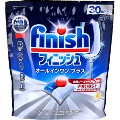 5-star Finish All-in-One Plus Dishwasher Tablet Detergent, Fresh Citrus Scent, 30 tablets. Quickly dissolves (compared to All-in-One) with a triple formula!