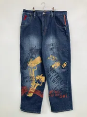 welcome to the hood デニムパンツ 40 ブルー クロップド・半端丈 前面プリント 刺繍 ワイド・ルーズ レギュラー ストレート ヴィンテージ メンズ