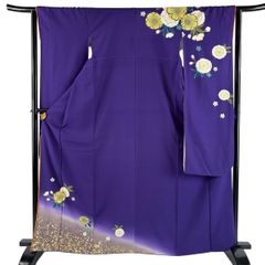 D875 色留袖 総刺繍 金駒刺繍 花丸文 紫 一つ紋 正絹 着物 袷 極美品