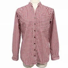 【中古】[印象A] AIGLE エーグル スキッパーシャツ レディース 38 レッド レッド×ホワイト 赤×白 ポリエステル×綿 チェック柄 長袖 古着 肩にギャザー 開襟 オープンカラー 胸ポケット付き ロングスリーブのサムネイル