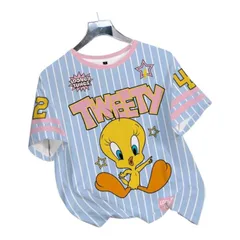 LOONEY TUNES TWEETY　トゥイーティー　Tシャツ　水色　ピンク　ストライプ　ユニフォーム風　ルーニーテューンズ　練習着　ダンスレッスン着　ルームウェア　部屋着　可愛い　アメコミ　キャラクター　レトロ　ギフト　プレゼント　海外製品のサムネイル