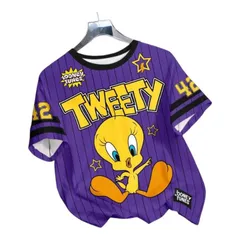 LOONEY TUNES TWEETY　トゥイーティー　Tシャツ 　パープル　紫　ラウンドネック　カジュアル　ルーニーテューンズ　半袖　練習着　ダンスレッスン着　ルームウェア　部屋着　可愛い　アメコミ　キャラクター　レトロ　ギフト　プレゼント　海外製品のサムネイル