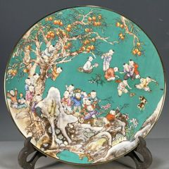 能登蔵出し 九谷焼 青粒色絵 金彩 一富士二鷹三茄子 窓絵図 お皿 /九谷