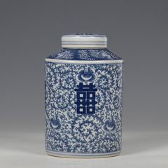 景徳鎮 青花喜字茶筒 景徳鎮 陶磁器 装飾品 現代工芸品 美術品 置物