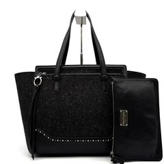 極美品】【フェラガモ 】ウールフエルト×レザー スタッズ トートバッグ