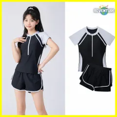 半袖ラッシュガード水着キッズ女の子ショートパンツ セパレート2点セットDスクール水着ハーフジップおしゃれ韓国ブラック黒かわいい子供プール海ガールズ水遊びUV対策ジュニア速乾スイムウェア露出控えめ小学生 中学生レディース高校生150 160 170【arc】NP