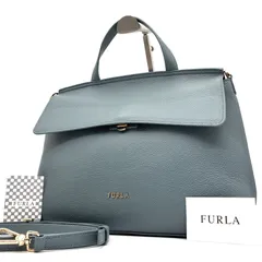 極美品 フルラ FURLA ニキ NIKI 2way ハンドバッグ ショルダーバッグ フラップ シボ革 ペブルドレザー ブルーグレー スモークブルー トップハンドル 肩掛け 斜め掛け クロスボディ 夏休み 旅行 ボーナス サマーギフト ご褒美