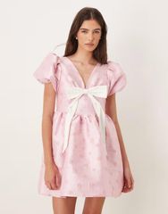 시스터 준 레이디스 탑스 원피스 V 넥 미니 Sister Jane Memories exclusive vneck puff sleeve bow mini dress PINK 핑크