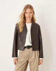 マンゴ レディース アウター ジャケット・ブルゾン レザー フェイクレザー ジャケット Mango faux leather short jacket BROWN ブラウンのサムネイル