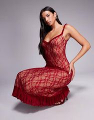 타이거 미스트 여성 탑스 원피스 미디 원피스 프릴 미디 레이스 Tiger Mist Deja 90s lace ruffle trim bow detail midi dress RED 레드