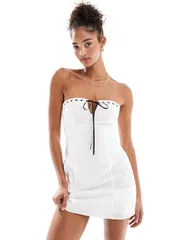 コットンオン レディース トップス ワンピース ミニワンピース ミニ コットン CottonOn Cotton On ribbon eyelet bandeau mini dress WHITE ホワイト