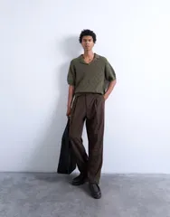 トップマン メンズ トップス ポロシャツ ニット Topman knit checkerboard crochet polo shirt Khaki カーキのサムネイル