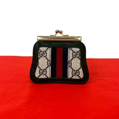 極 美品 希少品 GUCCI グッチ シェリーライン GG ロゴ 柄 レザー 本革 がま口 コインケース 小物入れ ネイビー レッド 80968