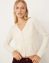 マンゴ レディース アウター カーディガン ウール Mango wool mix bow detail cardigan BEIGE ベージュのサムネイル
