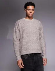 エイソス メンズ アウター ニット・セーター クルーネック ASOS DESIGN oversized knit boucle crew neck sweater Gray グレーのサムネイル