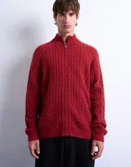 トップマン メンズ アウター カーディガン フルジップ スタンドネック ニット Topman cable knitted zip through funnel neck cardigan RED レッのサムネイル
