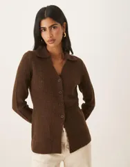 エイソス レディース アウター カーディガン シャツ ニット ASOS DESIGN knit longline fitted shirt in chocolate Chocolate チョコレートのサムネイル
