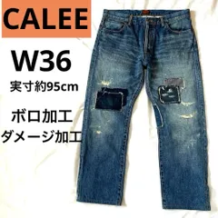 CALEE ダメージ加工 W36（実寸約95cm）襤褸 ボロ加工 ユーズド加工 USED加工 ヴィンテージ加工 あて布  キャリー 日本製 ジップフライ/ジッパーフライ セルビッチ 革パッチ デニムパンツ ジーンズ ジーパンのサムネイル