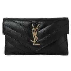 SAINT LAURENT サンローラン Vステッチ フラグメントケース TGN612808 ブラック×ゴールド レザー カードケース レディース 【中古】 22605K410