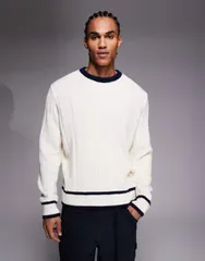エイソス メンズ アウター ニット・セーター リブニット ASOS DESIGN oversized wide rib knit sweater with navy tipping in ecru エのサムネイル