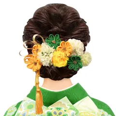 成人式 七五三 卒業式 袴 つまみ細工 浴衣 花 着物 髪 飾り 振袖 和装 髪飾り 結婚式 髪 飾り 髪留め 高級造花 ヘアアクセサリー 豪華セット 3カラー (イェロー× グリーン)