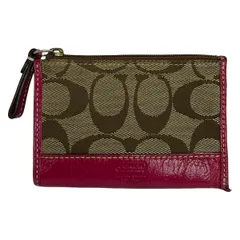 COACH(コーチ) コインケース シグネチャー柄 ベージュ×ダークブラウン×ピンク キーリング付き レザー