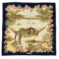 エルメスカレ45エデン ジャングルラブ豹柄鳥花柄蝶ピンクシルク