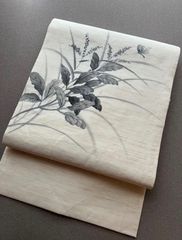 名古屋帯】うっすら透け感 正絹 生成色 花柄 手書き お上品 かわいい