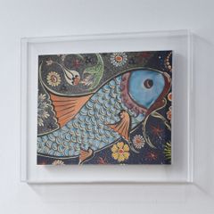 白山陶器 陶板画　魚　額装　42cm×42cm レトロ　ビンテージ 白山陶器 波佐見焼 額装陶板画 壁掛 オールド白山陶器 魚 1960年代