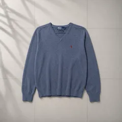 【Y-847】POLO RALPH LAUREN ポロラルフローレン L ラムウール Vネック ニット セーター 刺繍ロゴ ブルー 無地 90s 00s アメトラ トラッド アイビー 古着 定番 人気 上質 ラムズウール ワンポイント 長袖 ニットセーター