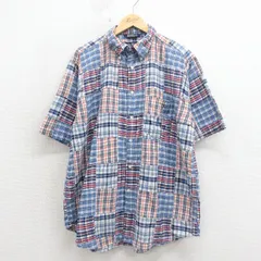 XL/古着 ノーティカ 半袖 ブランド シャツ メンズ 90年代 90s ワンポイントロゴ パッチワーク 大きいサイズ ロング丈 コットン ボタンダウン 薄紺 チェック【spe】 26may01