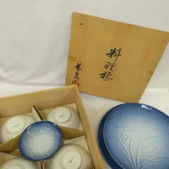 C694　有田焼　萬泉窯　藍色　アヤメの花柄　7枚セット