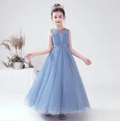 キッズドレス 子どもドレス 高級 子供ドレス ロング丈 発表会ドレス ジュニア 女の子 ロング コンクール ドレス 結婚式 キッズ こども フォーマル リボン ブルー ミントグリーン ノースリブ 無地 ピアノ発表会#lakuf