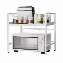 【在庫処分】耐荷重30kg 省スペース 調味料棚 トースターラック レンジボード キッチン収納ラック 高さ2段階調節 フック6枚付属で掛ける収納可能 伸縮式 幅40~60cm レンジ台 レンジラックのサムネイル