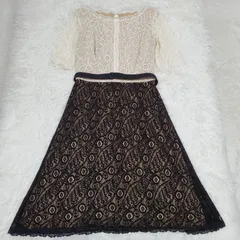 良品　TADASHI SHOJI タダシショージ　総レース　ワンピース　ベルト　ドレス　切替　バイカラー　アイボリー　ベージュ　ブラック　フレア　Aライン　サイズ4　Mのサムネイル