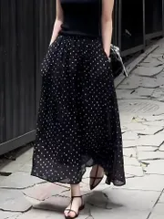 ロングスカート ロング スカート レディース 春 フレアスカート シアースカート aライン 夏 aラインスカート ミモレスカート ドット柄 ハイウェスト 体型カバー ドット 水玉 黒 ミモレ 通勤 オシャレ 半身スカート 脚長効果 1754