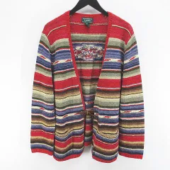 ローレンラルフローレン LAUREN RALPH LAUREN ボーダー 長袖 カーディガン ニット ミディアム丈 麻 リネン M 赤系 レッド リボン ポケットのサムネイル