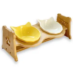 cat mom 組み立て不要 猫 陶器 食器 スタンド付 ダブル 餌入 食べやすい フードボウル 猫用 犬用 高さ調節 傾斜 食器台 餌台 すぐ使える バナナミルク（ホワイト＆イエロー） [バナナミルク（ホワイト＆イエロー）]のサムネイル