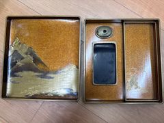 蒔絵 月に波紋硯箱 明治期 金蒔絵 高蒔絵 合せ箱 漆器 文箱 山と太陽の