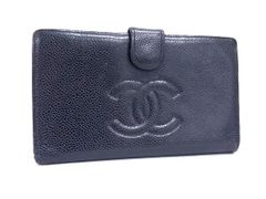 CHANEL 二つ折り財布 ネイビー レザーキャビアスキン ココマーク