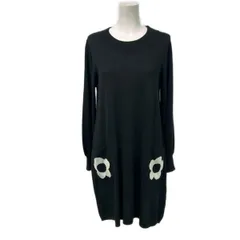 MARY QUANT(マリークワント) ワンピース サイズM レディース - 黒×白 クルーネック/長袖/ひざ丈/ニット/フラワー(花)のサムネイル