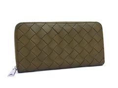 BOTTEGA VENETA ボッテガヴェネタ 財布 イントレチャート 749427 カーキ レザー ユニセックス ラウンドファスナー 長財布 シルバー金具 美品
