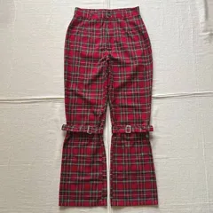 00s　archive　unknown　タータンチェック　レッド×ダークグリーン　大判チェック柄　ボンテージパンツ　ベルト搭載　レーヨン混　Y2K　グランジ　パンキッシュ　ダークコア　W73　Tartan plaid pattern bondage pantsのサムネイル
