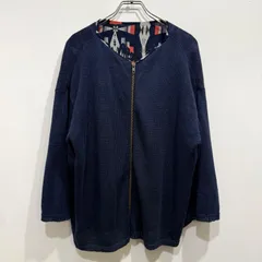 麻100% BEARDSLEY ビアズリー ニットジャケット ノーカラー カーディガン ネイティブ柄裏地 ネイビー【送料込み】のサムネイル