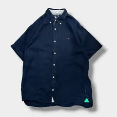 Tommy Hilfiger リネン100% 半袖シャツ XXL ネイビー トミーヒルフィガー 刺繍ロゴ