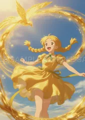 【AIアート】【幻想的な輝き】金色の鳥と少女 アニメ原画風 イラスト ポスター 額装なし X33B8