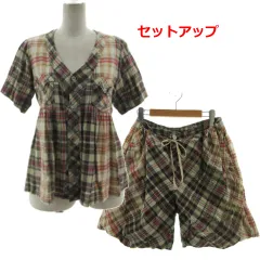 ズッカ zucca セットアップ ブラウス V襟 半袖 ギャザー パンツ ショートパンツ ウエストゴム 日本製 コットン チェック 総柄 ベージュ マルチカラー Mのサムネイル