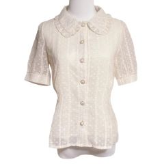 ノコオーノ 半袖ブラウス プリーツ ドット 42 XL 白 立体のお花 フリル 