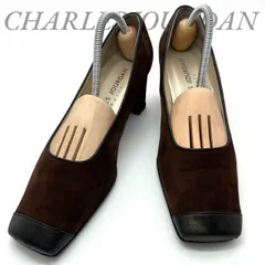 【B5379】 CHARLES JOURDAN シャルルジョルダン パンプス スエード ブラウン レザー バイカラー スクエアトゥ チャンキーヒールのサムネイル